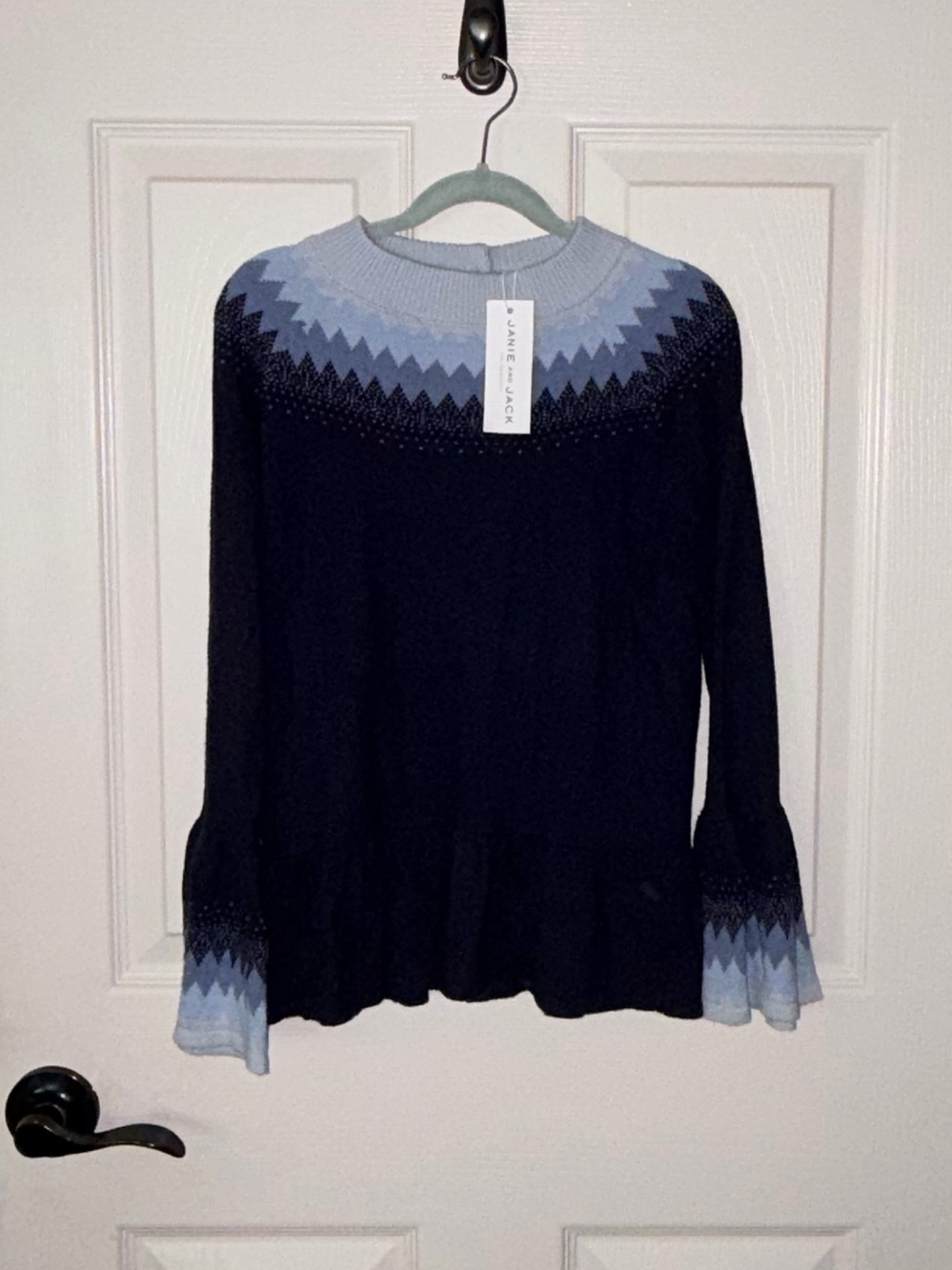 Janie and Jack Navy Sweater with Light Blue Fair Isle Yoke & Ruffle Hem ❄️🆕